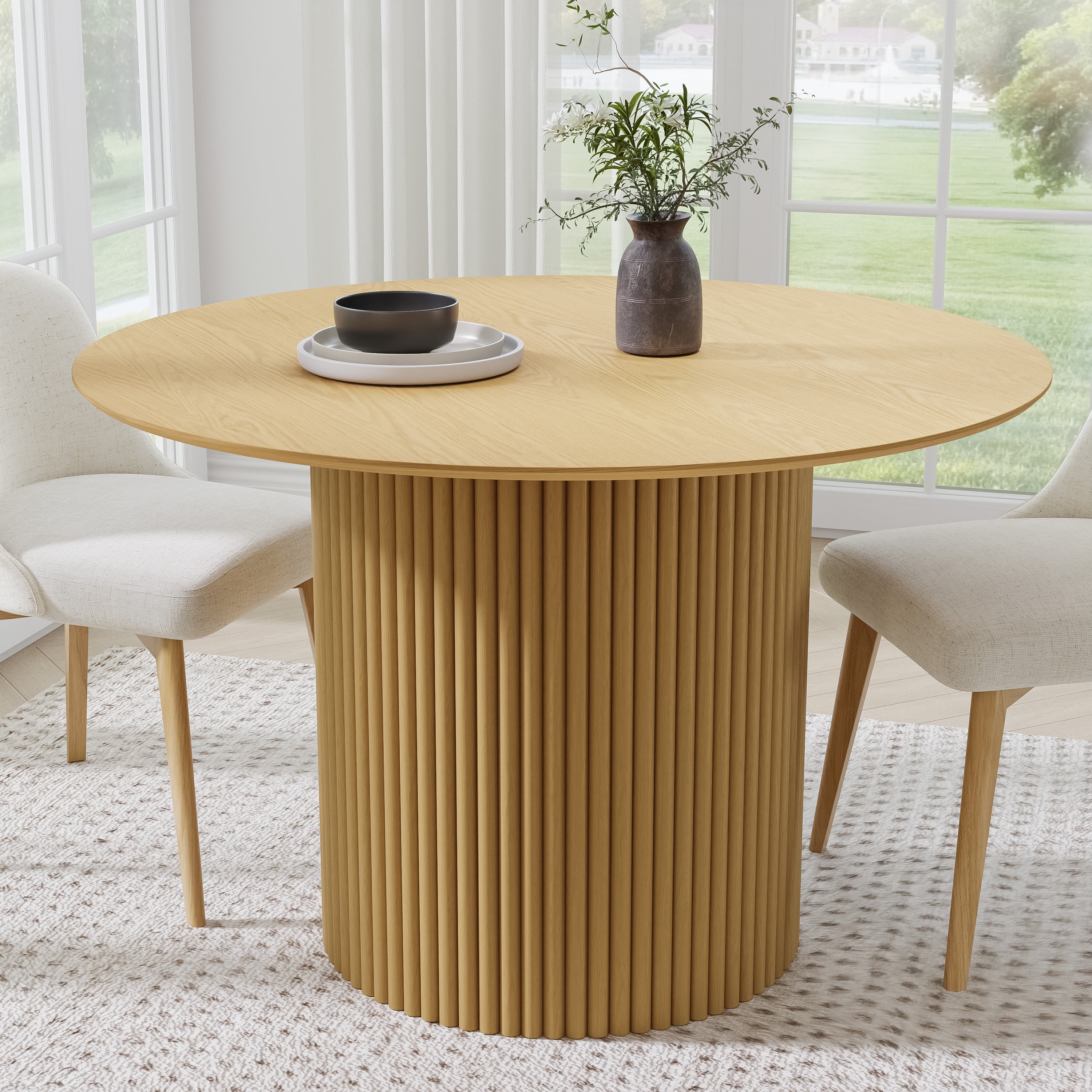 46 in. Soild Wood Natural Oak Dining Table Round Kitchen Table