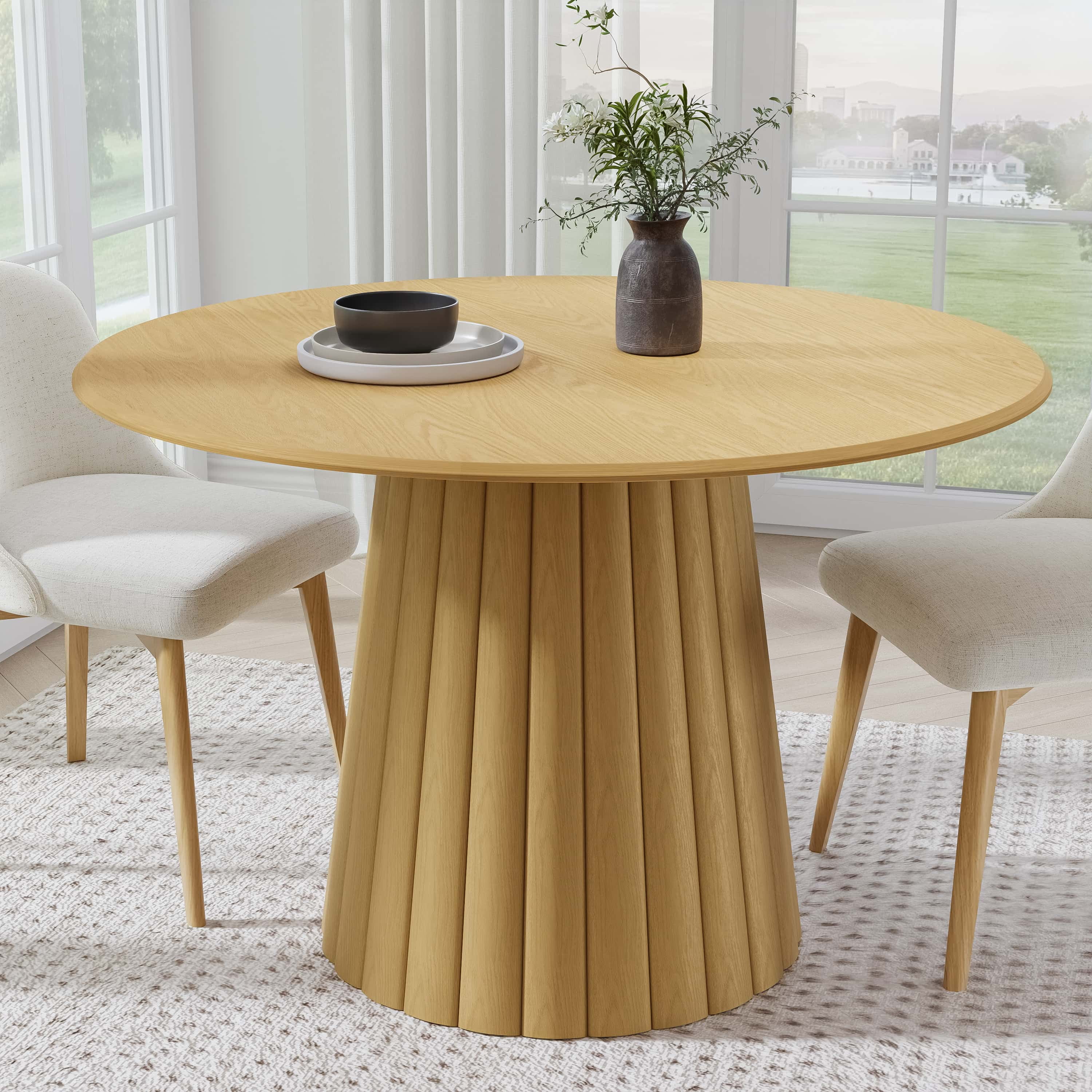 Dovelina 46 in. Soild Wood Natural Oak Dining Table Round Kitchen Table ...