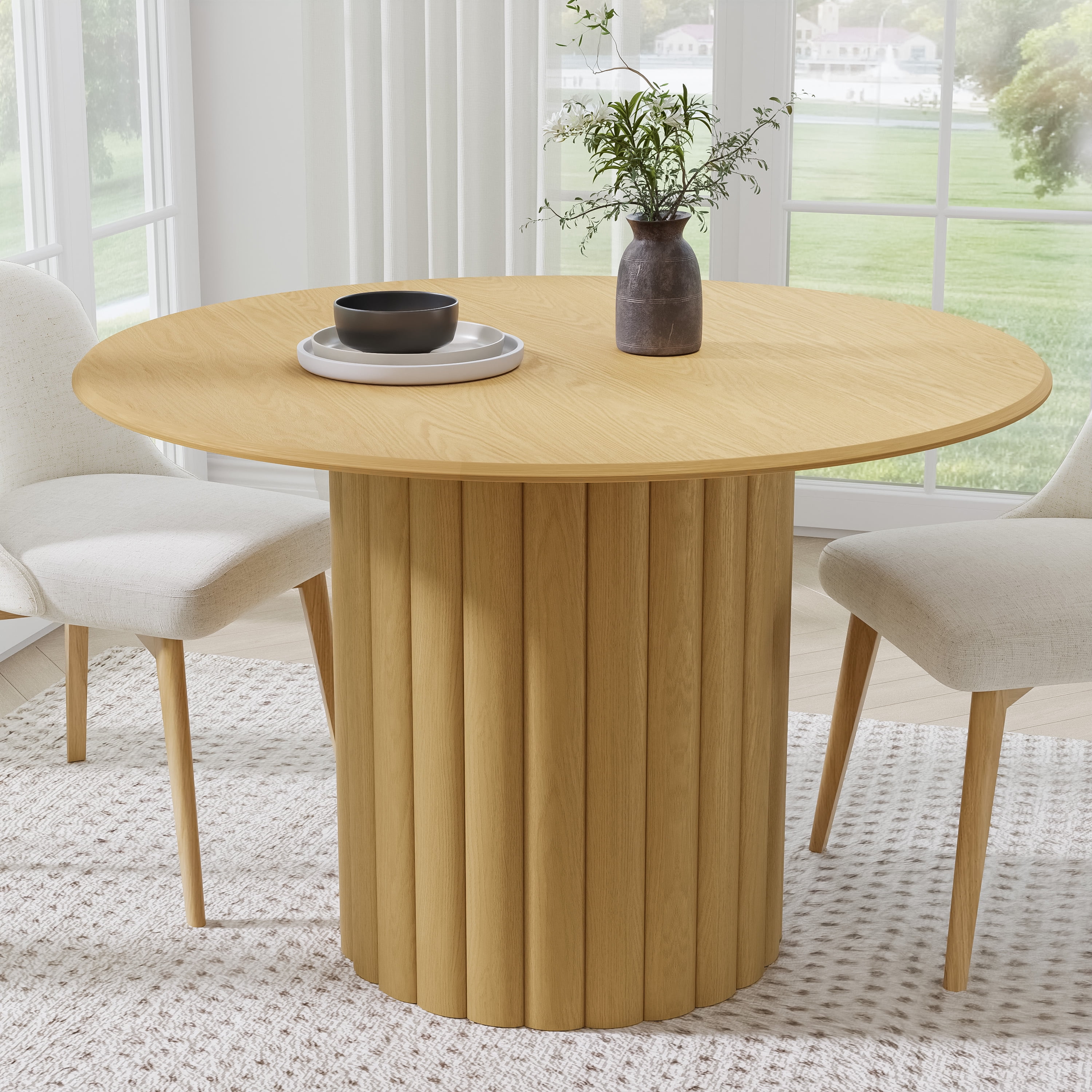 Dovelina 46 in. Soild Wood Natural Oak Dining Table Round Kitchen Table ...