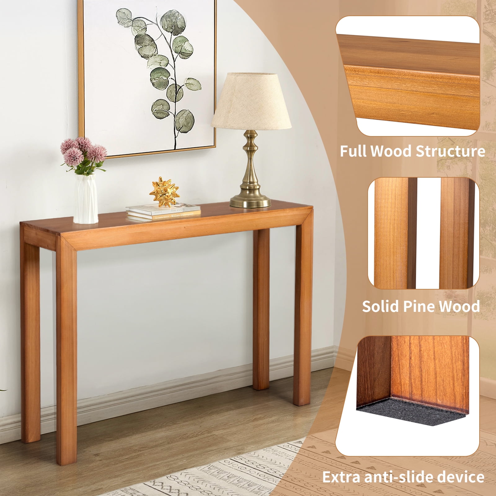 46 inch Pinewood Entryway Table, Console Table Entrance Table, Narrow Sofa Table for Living Room Entryway Hallway, Light Brown