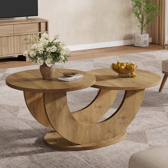 46-inch Round Coffee Table, Modern Living Room Coffee Table with Funky U-Shaped Frame, Low Accent Center Tea Table for Home, Apartment, Oak