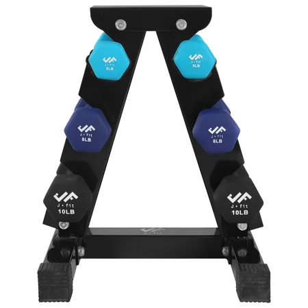JFIT Dumbbell Set w/Durable Rack, Double Neoprene Coated Workout Weights, Solid Design Rack, 46 LB Set