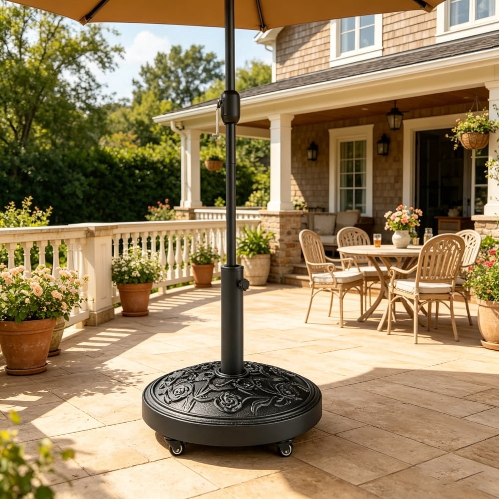 46 lbs Resin Concrete Patio Umbrella Base with Wheels Decorative Rose Pattern Umbrella Stand Fits 1.3" 1.5" 1.9" Poles for Outdoor Umbrella Up to 9.2 FT Black（Only the base）