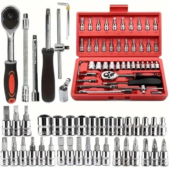 46 piece car repair tool kit: ratchet torque wrench, wrench, screwdriver, socket set combination - perfect for bicycle and car r