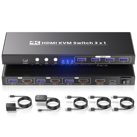 460 Switch, 1 monitor for 3 computers, 3.03 port switch - use 1 monitor, keyboard, and mouse to control 3 computers, 4-port 3.0 hub