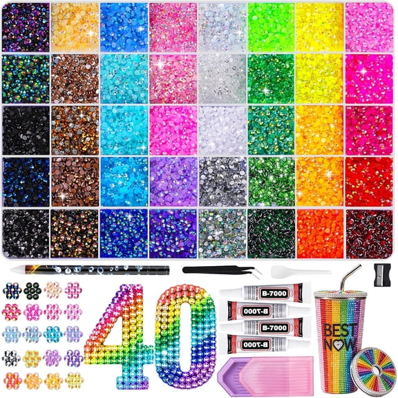 46000Pcs Resin Jelly Rhinestones for Bedazzling, 40 Colors 3mm Flatback Rhinestones with 4Pcs 10ml B7000 Jewelry Glue & Tools, Bedazzling Kit for Nail Art Crafting Book Makeup