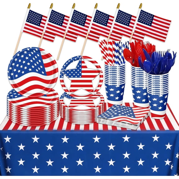 464 Pcs 250th 4th of July Patriotic Decorations for 50 Guests, Party Supplies Set for Independence Day, Includes US Hand-held Flag, Plates, Napkins, Cups, Tablecloth, Knives, Forks, and Spoons
