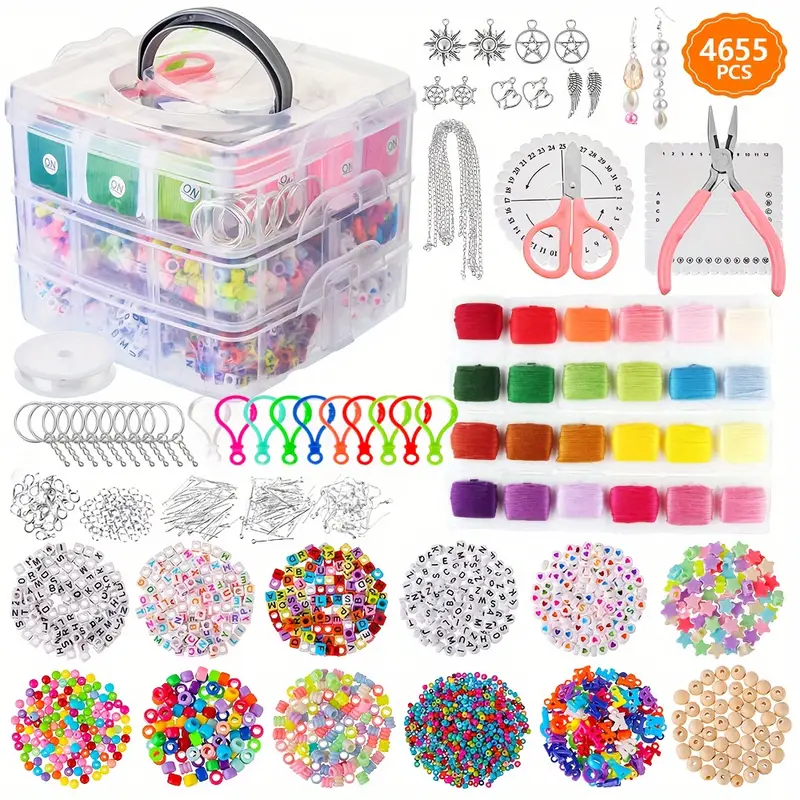 LIEBERWELL 4655pcs Bead Craft Kit With 3-Layer Box,Acrylic Alphabet, Multi-color Beaded Thread,Tools & Accessories,DIY Jewelry Making For Bracelets,Necklaces,Earrings
