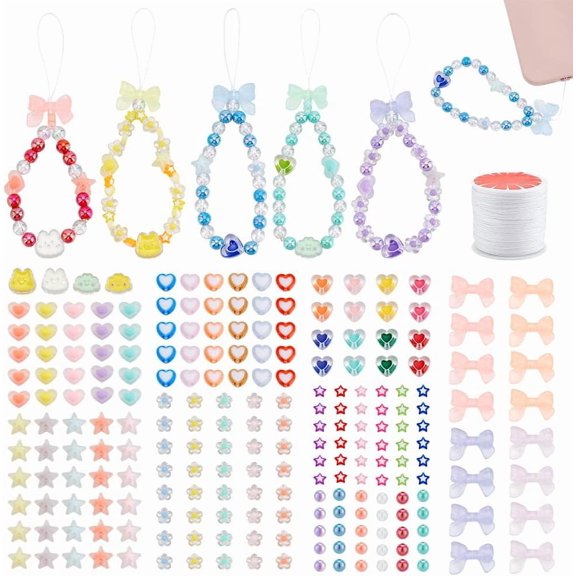 About 466 Pcs Phone Chain Beaded Making kit Assorted Heart Star Flower Round Acrylic Beads with Nylon Thread Cell Phone Charms Lanyard Wrist Strap for Bracelet Keychain Making