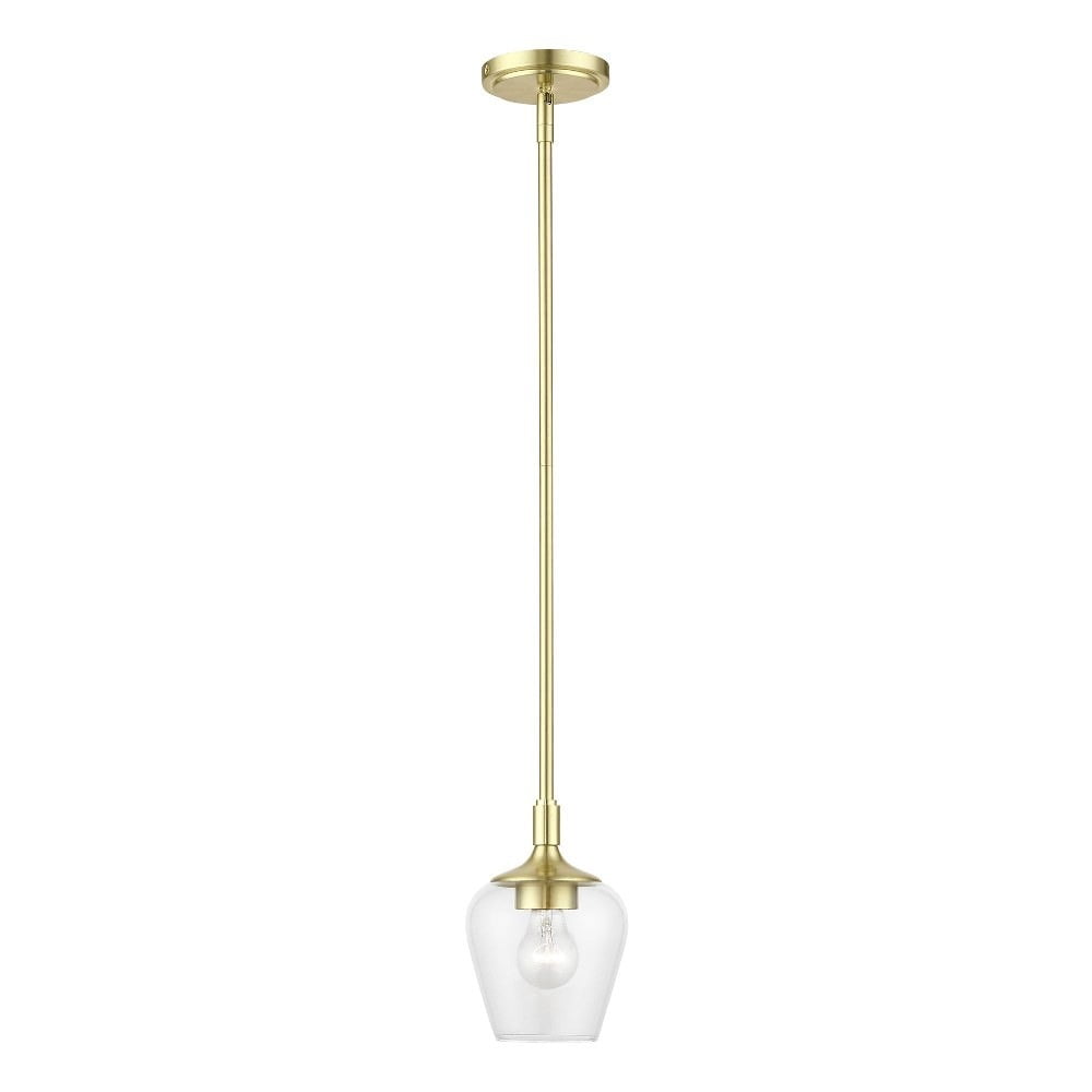 Elegant Transitional Satin Brass 1-Light Pendant with Clear Glass Shade