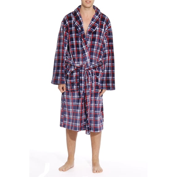 46903-1A-M #FollowMe Printed Plaid Velour / Flannel Robe / Robes for Men (Red / White / Blue, Medium)