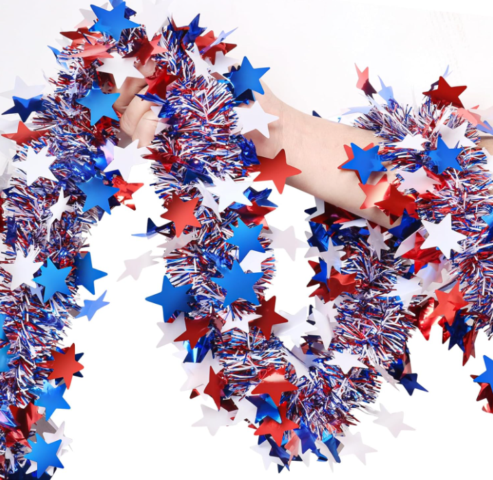 4th Of July Patriotic Tinsel Garland - 25ft Red White Blue Glitter Tinsel, Independence Day Decor
