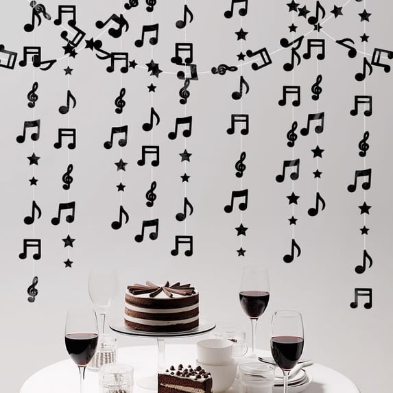 46Ft Black Music Notes Star Paper Hanging Garland Banner Backdrops for Musical Birthday 50s 80s Birthday Wedding Engagement Baby Bridal Shower Disco Party Supplies Bar Wall Ceiling Decprations