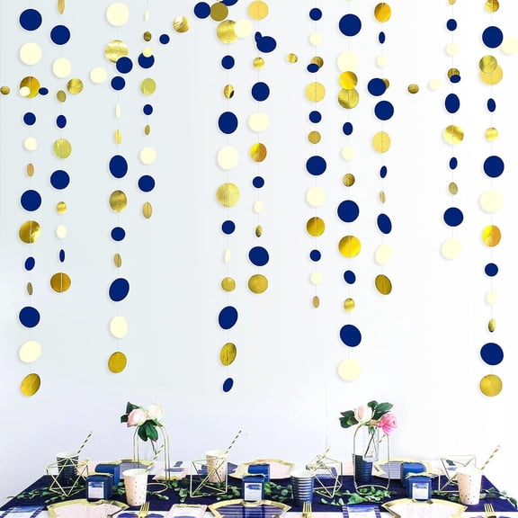 46Ft Navy Blue Gold Circle Dots Garland Hanging Paper Polka Dot Streamer Backdrops for Birthday Wedding Bridal Baby Shower Graduations Nautical Ahoy Achor Pirate Theme Party Decorations Supplie
