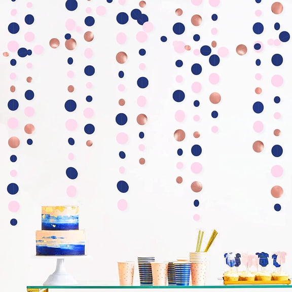 46Ft Navy Royal Blue Blush Pink Rose Gold Polka Dot Paper Circle Garland Streamer, Decor for Gender Reveal, Baby Shower, Birthday, Engagement, Wedding, Bridal Shower & Anniversary Party