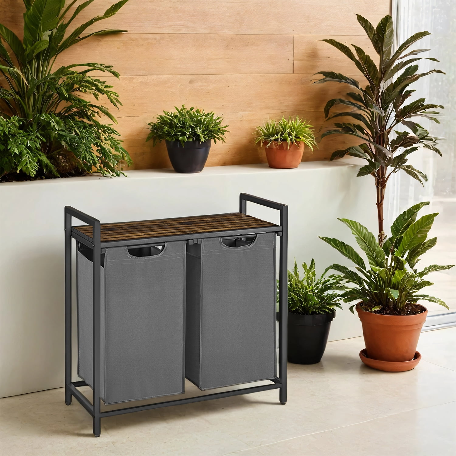 46L Laundry Hamper with Shelf Laundry Basket Laundry Sorter with 2 Pull-Out and Removable Bags Shelf Gray