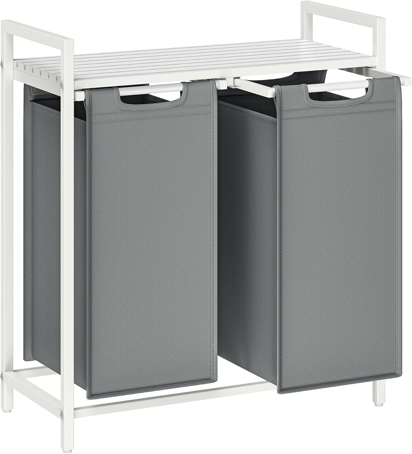 46L Laundry Hamper with Shelf Laundry Basket Laundry Sorter with 2 Pull-Out and Removable Bags Shelf White and Light Gray