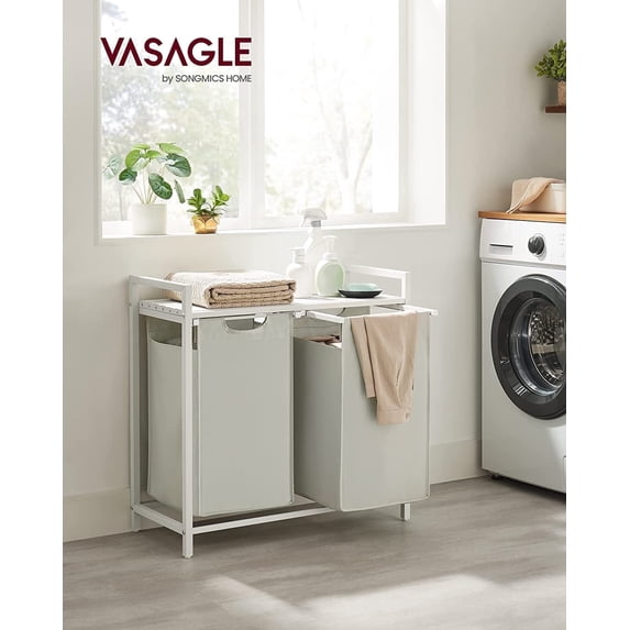 46L Laundry Hamper with Shelf Laundry Basket Laundry Sorter with 2 Pull-Out and Removable Bags Shelf White