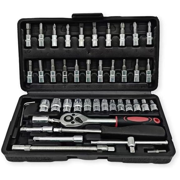 46PCS 1/4" Drive Socket Ratchet Wrench Set, 72-Tooth Reversible Ratchet, Metric Bits, Extension Bar, Storage Case for Auto and Home Repair