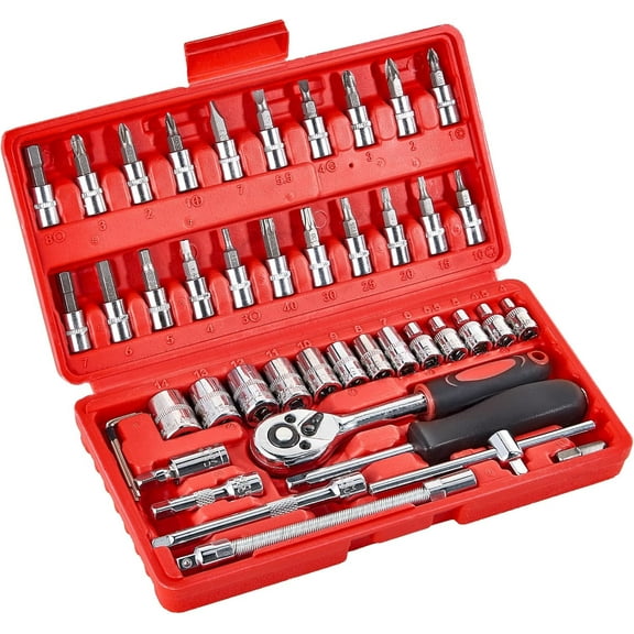 Socket Wrench Set 46PCS – 1/4" Drive Metric Tool Kit with Ratchet Handle, CR-V Sockets 4-14mm, S2 Bits, Extension Bar, for Car Maintenance, Household Projects, Auto Repair