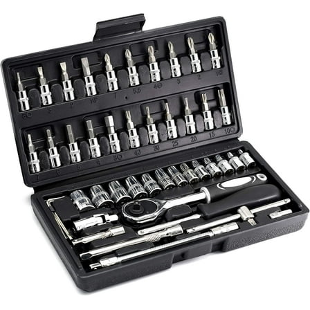 46PCS 1/4 Inch Wrench Set,Drive Car Repair Tool Ratchet Torque Wrench Kit with Box, Ratchet Wrenches Set with CR-V Sockets Metric & Extension Bar, Socket Wrench Set for Automotive Repair & Home Use