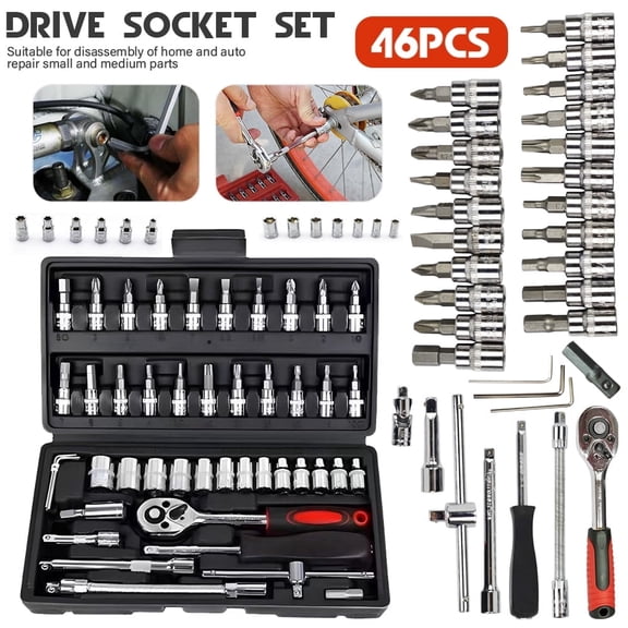 46-Piece Socket Wrench Set, 1/4" Drive Ratchet Tool Kit with CR-V Steel Sockets, Extension Bars, Hex Keys - Portable Repair Tool Set for Car, Bicycle, Home & Auto Maintenance