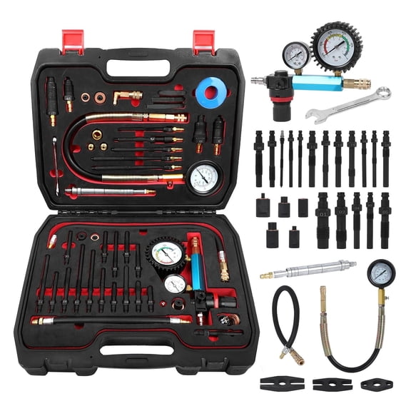 46PCS Compression and Leakage Test Kit Petrol & Diesel Compression Tester Kit Automotive Cylinder Leak Down Tester with Dual Gauge Engine Compression Tester Kit for HDI, TDCi, Pumpe Duse Engine