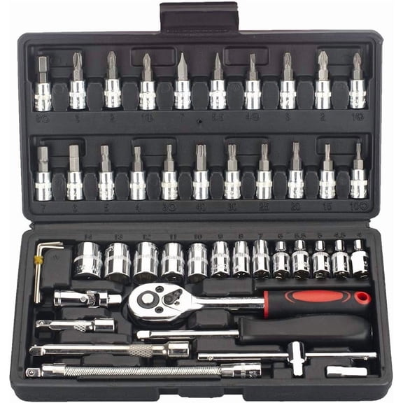 46PCS Socket Ratchet Wrench Set, 1/4 Inch Drive Small Tool Set with Screwdriver Bit Sockets Extension Bar and Storage Case, Metric Socket Set for Car Repair and Home Use, Black