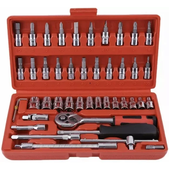 46PCS Socket Spanner Tool Kit Ratchet Wrench Set METRIC/SAE 1/4" Drive w/Case - Combination Socket Tool Set Kit Auto Car Repair Tool