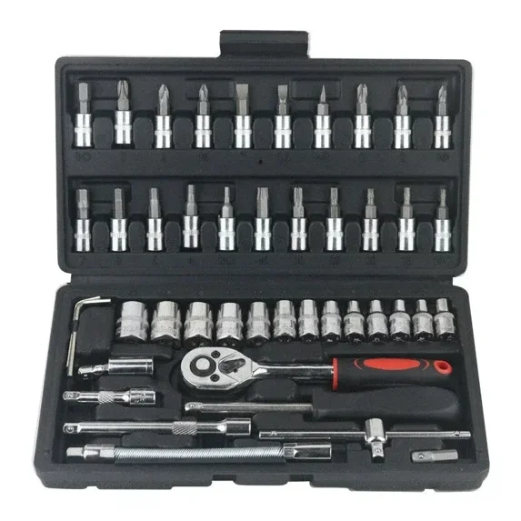 46PCs car repair tool kit 1/4-inch socket set car repair tool ratchet torque wrench combo auto repairing set mechanic tool