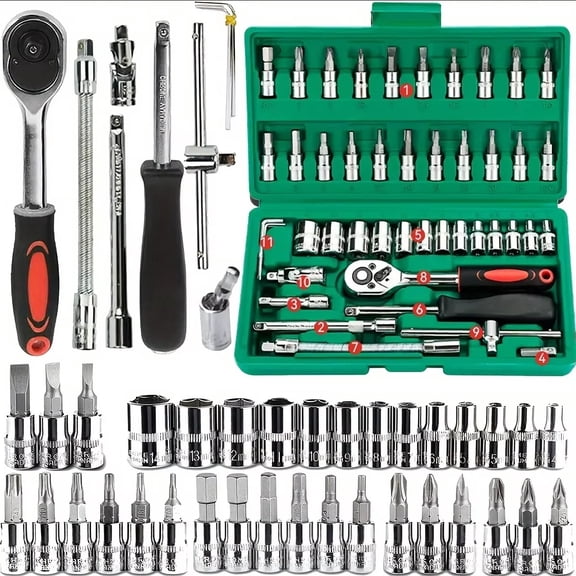 46Pcs 1/4 Inch Drive Mechanic Tool Kit, Metric Sockets Hex Bit Socket Set, Ratchet Wrench, Household & Auto Repair Hand Tool Set, Complete Hardware Kit for Vehicle Maintenance Home DIY Projects