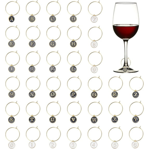 46Pcs 2 Styles Wine Glass Charms Wine Glass Rings Tags Metal Letters Glass Charm for Stem Glasses Wine Cocktail Champagne Party Favors Decorations