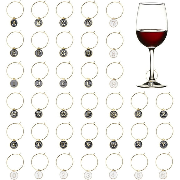 46Pcs 2 Styles Wine Glass Charms Wine Glass Rings Tags Metal Letters Glass Charm