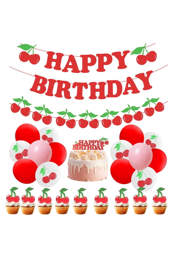 46Pcs Cherry Theme Birthday Party Decorations Set for Girls Red Glitter Happy Birthday Banner Cake Topper Cherry Theme Banner Garland Cupcake Toppers for Fruit Girls Cherry Birthday Party Decor