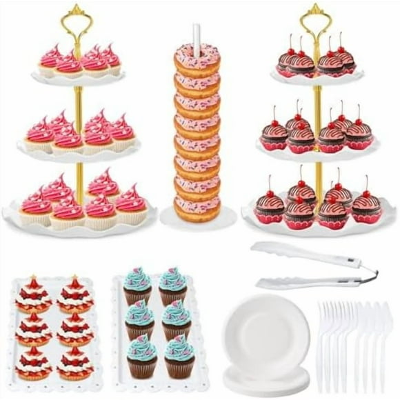 46Pcs Dessert Table Display Set 2X 3 Tier Cupcake Cake Tower Stand 2X Plastic Cookie Candy Food Serving Platters and Trays Donut Holder Stand Treat Display for Wedding Baby Shower Afternoon Tea Party