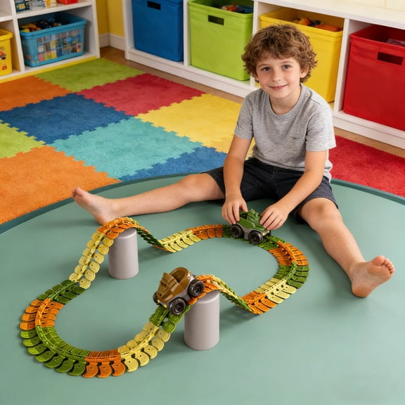 46Pcs Dinosaur Anti-Gravity Rail Vehicle with 360°Climbing Dinosaur on Flexible Novelty Track with Glowing Lights