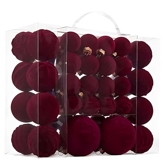 46Pcs Flocked Velvet Christmas Balls Ornaments,Shatterproof Plastic Hanging Baubles in Assorted Sizes&Styles,Luxurious Flocked Texture for Christmas Tree,Holiday Party & Home Decor,Red