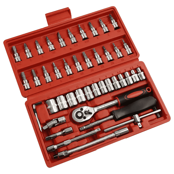 46Pcs Set 1/4" Ratchet Wrench Combination Socket Tool Set Kit Mechanical Tool Kit, Metric, with Storage Case Upgrade Compact Tool Set for Car