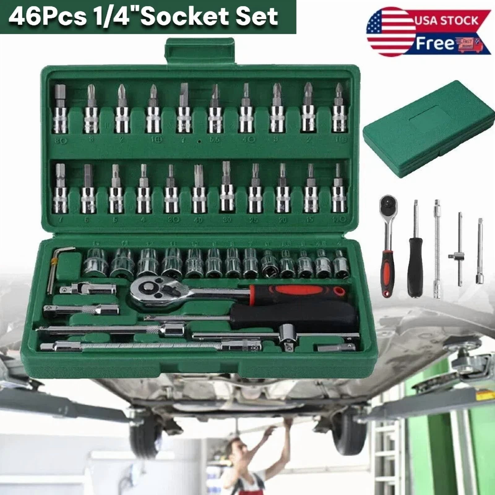 46Pcs Socket Spanner Tool Set Kit Ratchet Wrench Combination Autocar Repair Tool