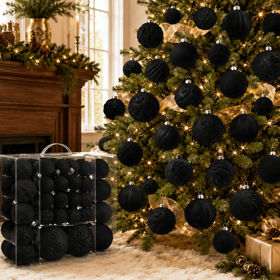 46Pcs Velvet Christmas Ball Ornaments, Flocked Texture Plastic Baubles with Hanging Strings for Tree Wreath Garland and Holiday Decor, Black