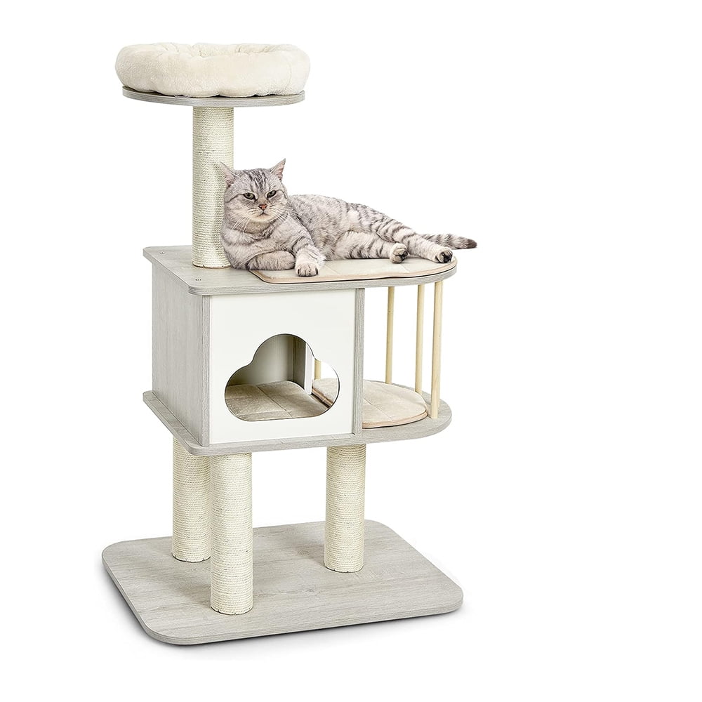 46'' Gray Wooden Cat Tree with Sisal Posts and Cushions