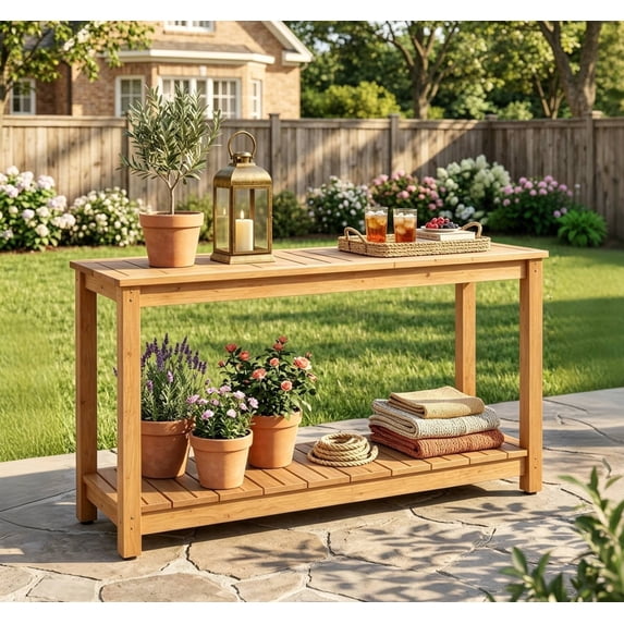 46in Wooden Patio Console Table with 2-Shelf, Indoor Outdoor Dining Table Buffet Bar Storage for Backyard, Balcony, Poolside,Entryway (Brown)