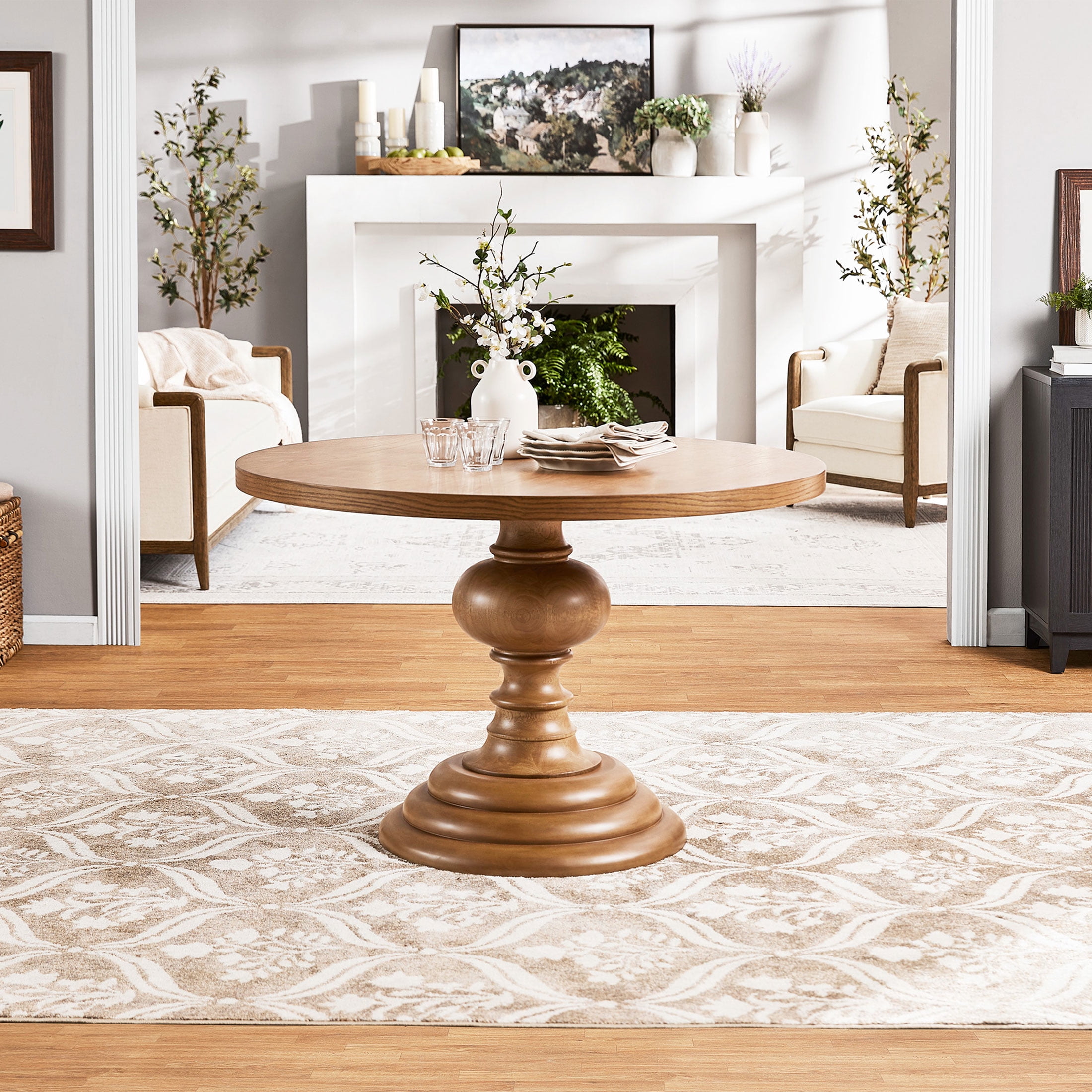 My Texas House Perry Round Dining Table with Warm Brown Finish and Pedestal Base