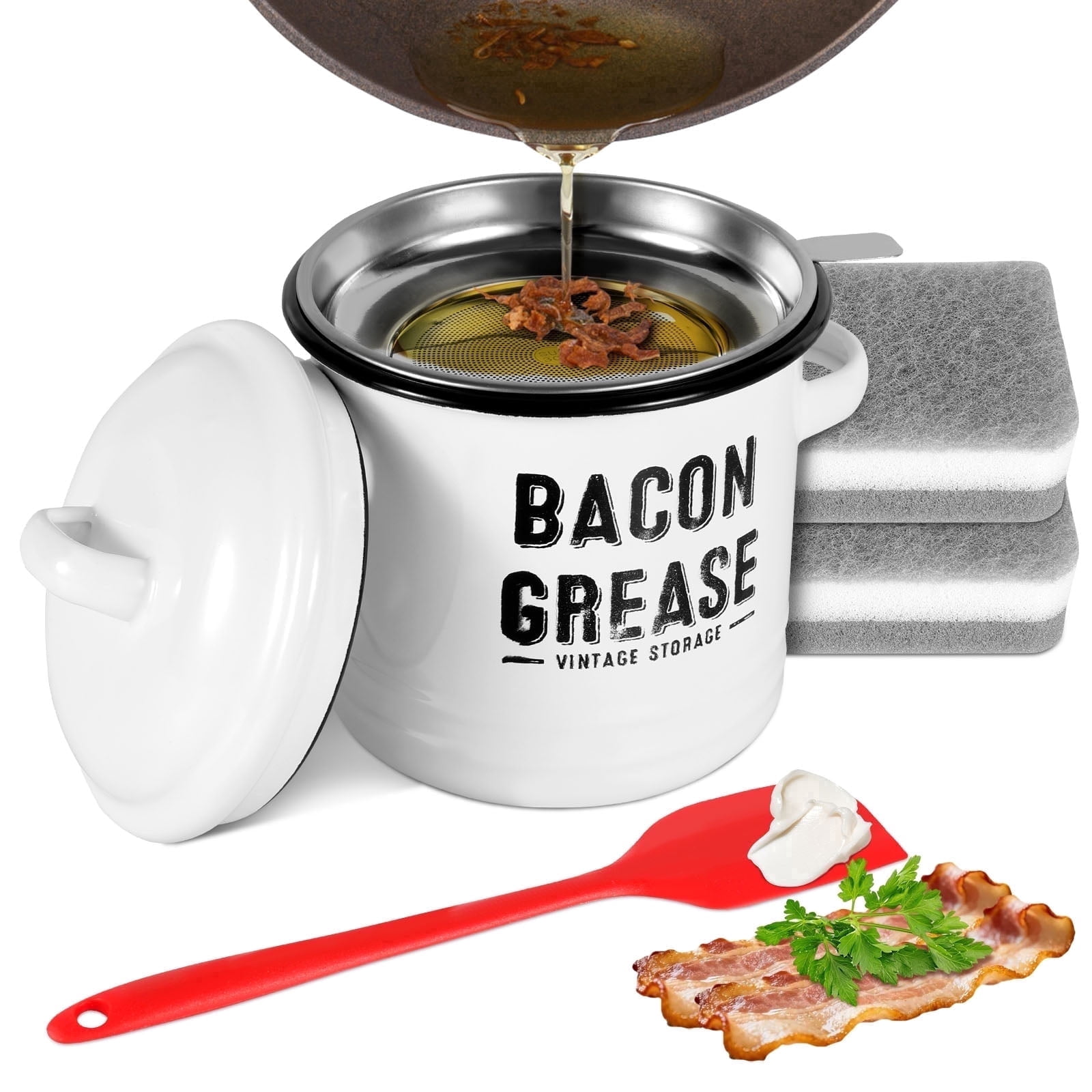 46oz Bacon Grease Container with Strainer with Food Safe Silicone Spatula Bacon Grease Saver Enamel Fat Container Keeper Recipe Dishwasher Safe,White