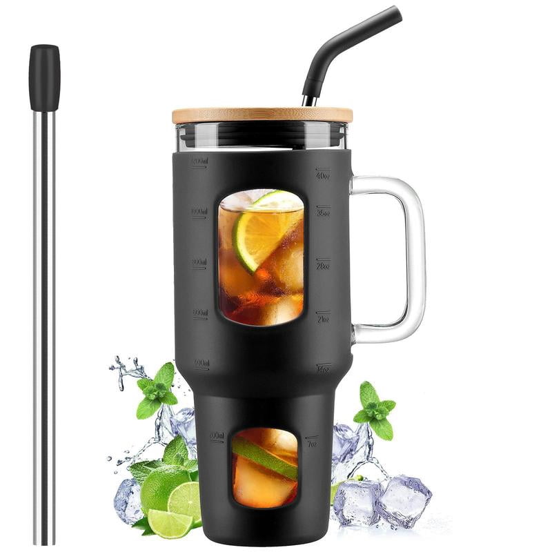46oz Tumbler Glass Water Bottle with Lid and Straw, Iced Coffee Cup ...