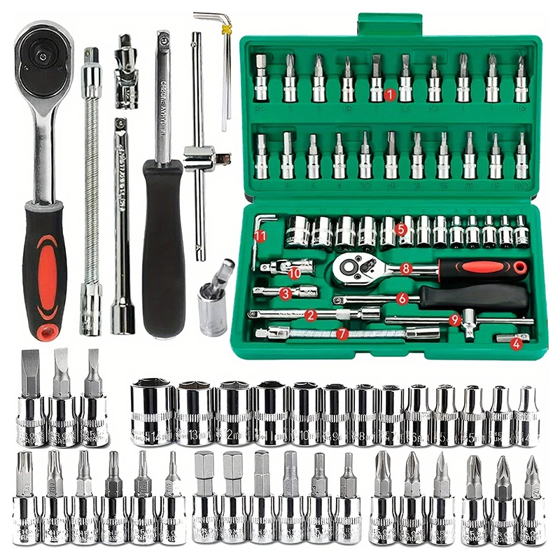 46pc Drive Socket Set 1/4 inch Ratchet Wrench Set with Sockets Metric ...