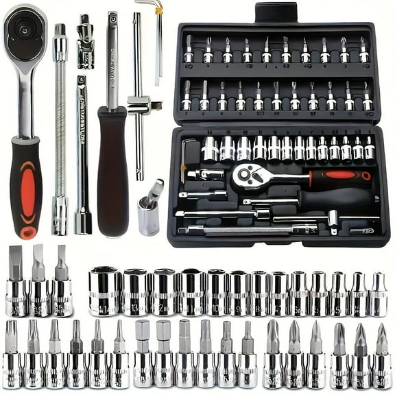 46pcs 1/4" Heavy-Duty Socket Set - Quick-Release Ratchet, Screwdriver & Extension, Durable Iron Tool Kit with Storage Case for DIY/Pro Mechanics (Cars/Trucks)