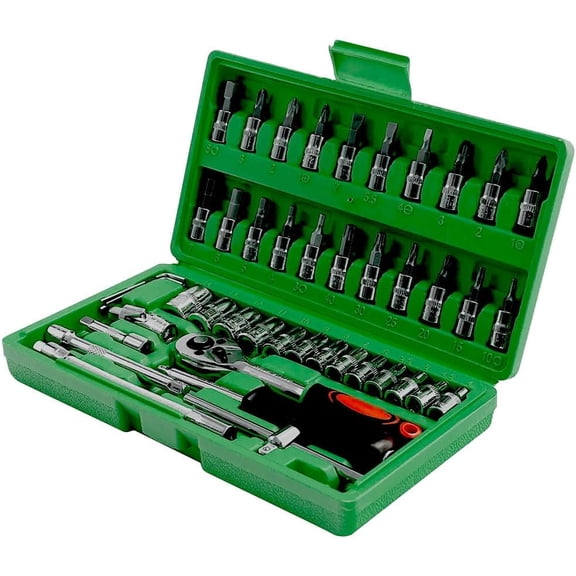 46pcs 1/4" Screw Driver Socket Ratchet Wrench Set, With Bit Socket Set Metric And Extension Bar For Auto Repairing And Household, With Green Storage Box