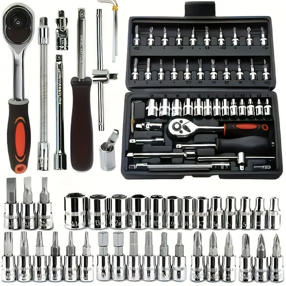 46pcs Basic Auto Master Tool Set - Premium Tool Set for Car, Bike And Motorcycle Repair - Compact, Portable, All-around Solution with Ratchet Wrench, Assorted Screwdriver Set, No Batteries