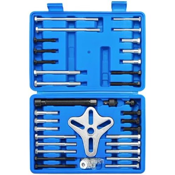 46pcs Harmonic Balancer Puller Set, Steering Wheel Flywheel Crankshaft Pulley Puller kit with Harmonic Balancers, Crankshaft Pulleys and Gears, Work on Most Cars, Pickups, SUVs (Blue)